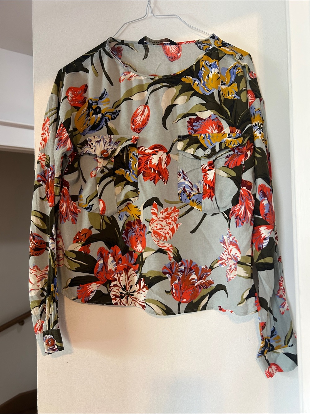 Zara Floral Long-Sleeve Blouse in Sage with Red & Yellow Flowers